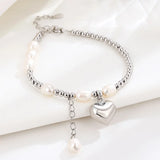 TrustDavis 925 Silver Pearl Bracelet Heart Pendant Women Jewelry Gift