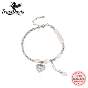 TrustDavis 925 Silver Pearl Bracelet Heart Pendant Women Jewelry Gift
