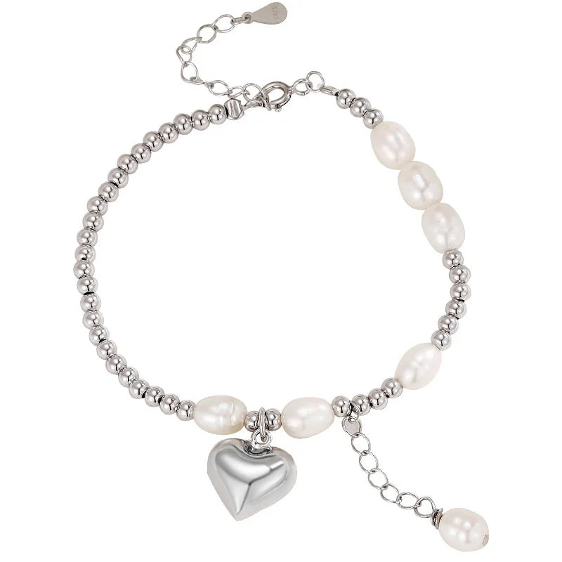 TrustDavis 925 Silver Pearl Bracelet Heart Pendant Women Jewelry Gift