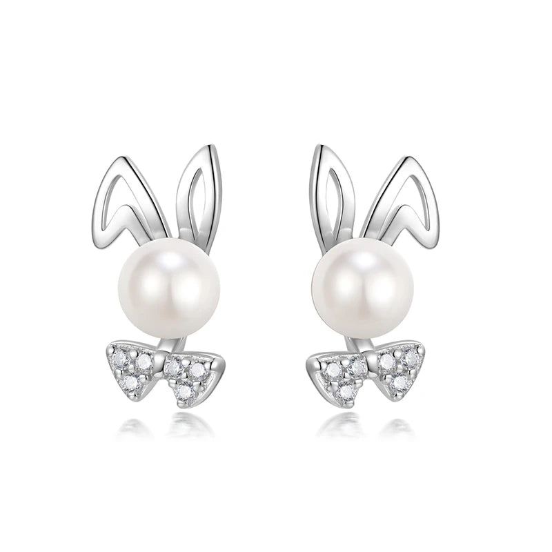 925 Sterling Silver Pearl Rabbit Stud Earrings for Girls