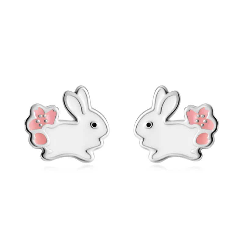 925 Silver Rabbit Stud Earrings For Women Girls Fine Animal Jewelry