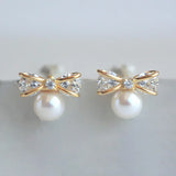925 Silver Romantic Bowknot Pearl Stud Earrings Gift for Women Girls
