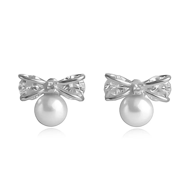 925 Silver Romantic Bowknot Pearl Stud Earrings Gift for Women Girls