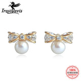 925 Silver Romantic Bowknot Pearl Stud Earrings Gift for Women Girls