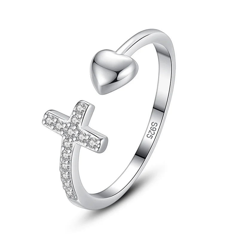 Davis Sterling Silver Heart Cross Love Zircon Rings DG0145