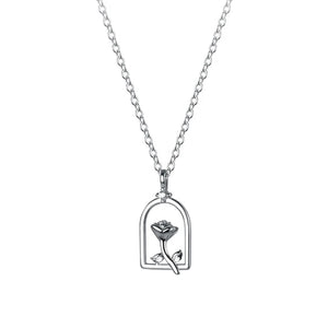 925 Silver Rose Flower Pendant Necklace For Women Zircon Jewelry