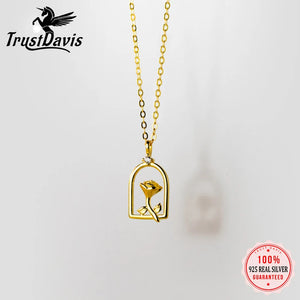 925 Silver Rose Flower Pendant Necklace For Women Zircon Jewelry