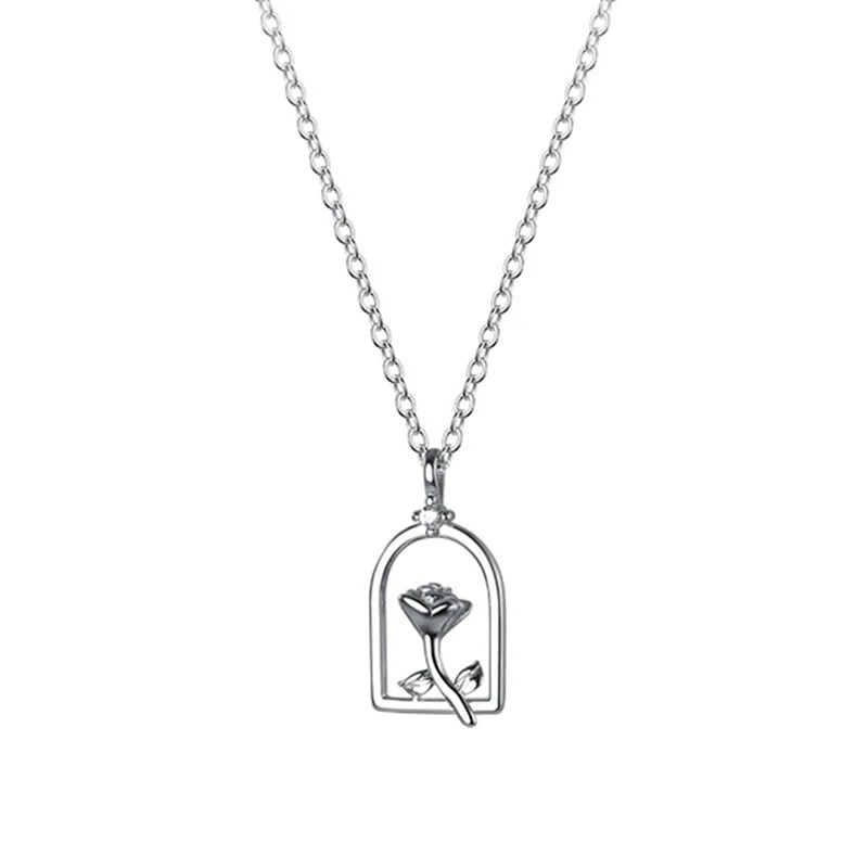 925 Silver Rose Flower Pendant Necklace For Women Zircon Jewelry
