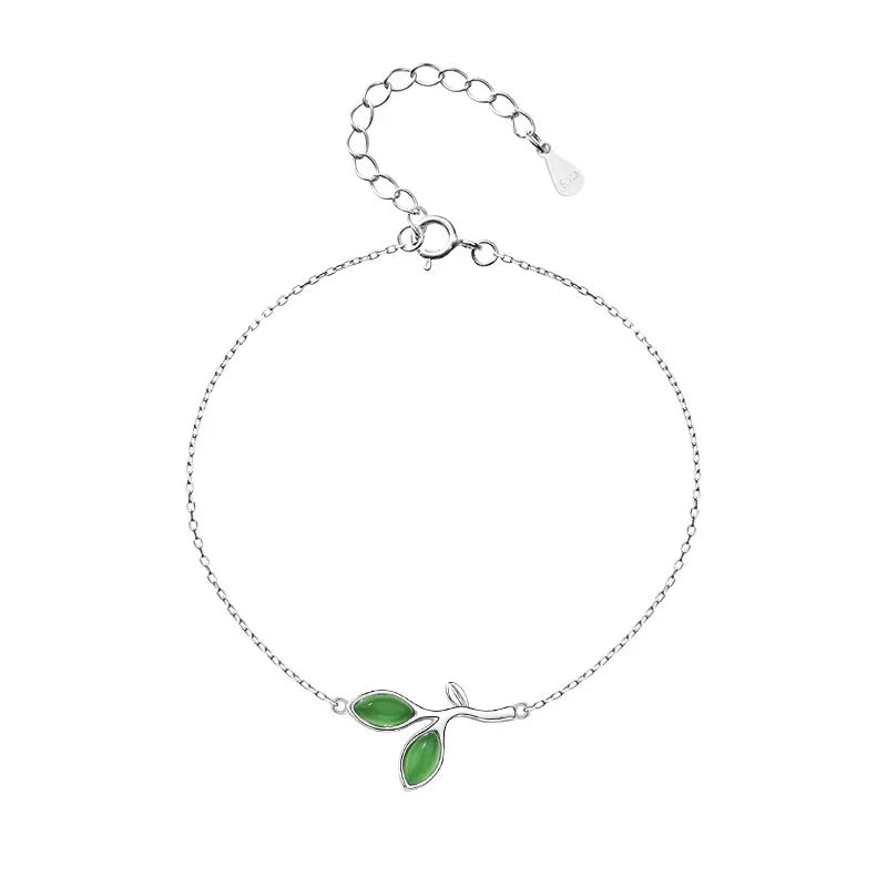 925 Silver Green Leaf Chain Bracelet Gift For Daughter Teen Girls