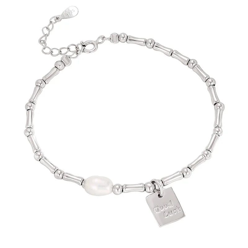 TrustDavis 925 Silver Pearl Square Bamboo Bracelet Women's Charm Jewelry LB401