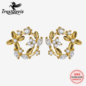 TrustDavis 925 Sterling Silver Stud Earrings Women Flower Dazzling CZ DS1468