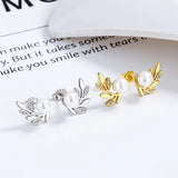 925 Silver Stud Earrings Wedding Leaves CZ Pearl Earring DA2869