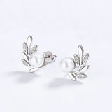 925 Silver Stud Earrings Wedding Leaves CZ Pearl Earring DA2869