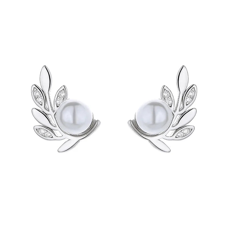 925 Silver Stud Earrings Wedding Leaves CZ Pearl Earring DA2869