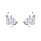 925 Silver Stud Earrings Wedding Leaves CZ Pearl Earring DA2869