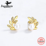 925 Silver Stud Earrings Wedding Leaves CZ Pearl Earring DA2869