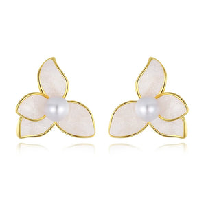 Davis 925 Silver 18k Flower Pearl Stud Earrings