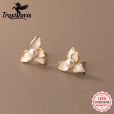 Davis 925 Silver 18k Flower Pearl Stud Earrings