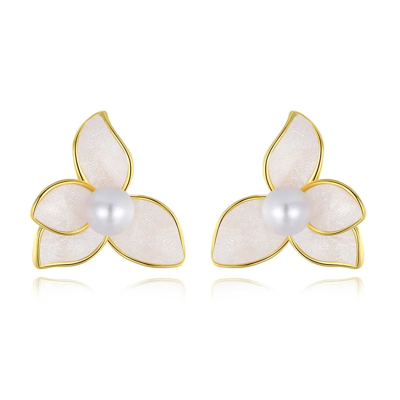 Davis 925 Silver 18k Flower Pearl Stud Earrings