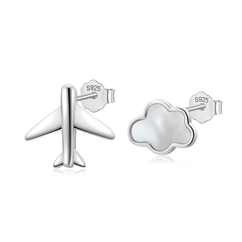 Real 925 Sterling Silver Clouds Plane Stud Earrings For Women Wedding Party