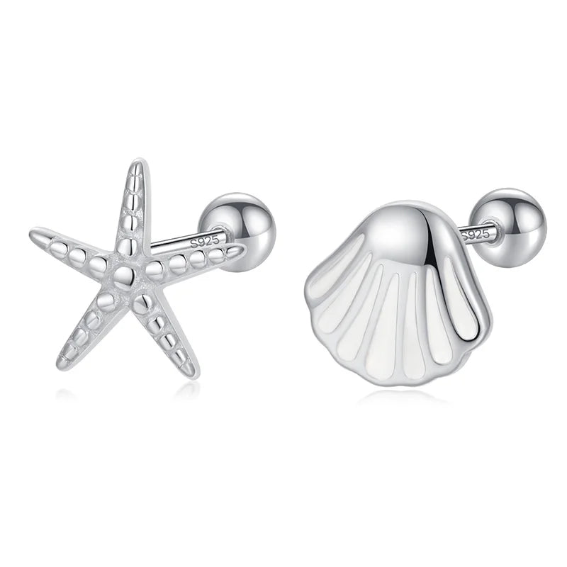TrustDavis 925 Sterling Silver Asymmetric Starfish Shells Earring