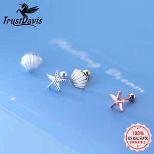TrustDavis 925 Silver Asymmetric Starfish Shells Stud Earrings DA2157