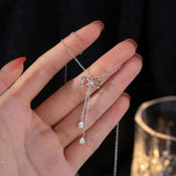 TrustDavis 925 Silver Bowknot Tassels Chain CZ Necklace For Women