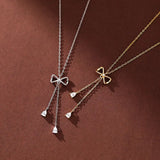 TrustDavis 925 Silver Bowknot Tassels Chain CZ Necklace For Women