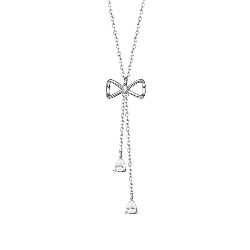 TrustDavis 925 Silver Bowknot Tassels Chain CZ Necklace For Women