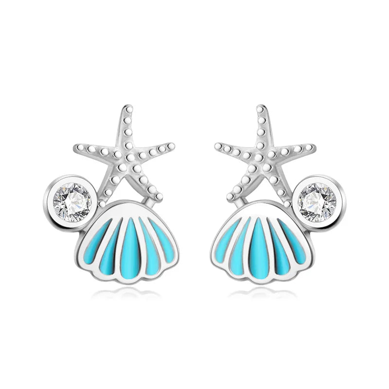 925 Sterling Silver Shell Starfish CZ Stud Earrings For Women