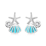 925 Sterling Silver Shell Starfish CZ Stud Earrings For Women