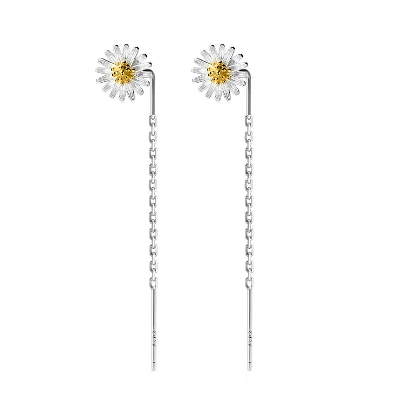 TrustDavis 925 Silver Daisy Flower Earrings Long Ear Line Jewelry DA2430