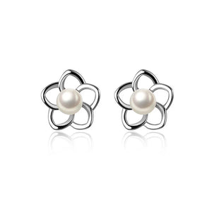 TrustDavis 925 Silver Flower Pearl Stud Earrings Wedding Party Fine Jewelry