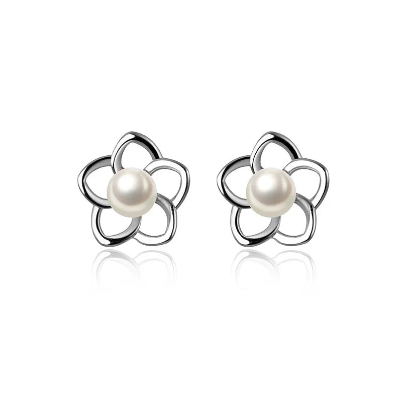 TrustDavis 925 Silver Flower Pearl Stud Earrings Wedding Party Fine Jewelry