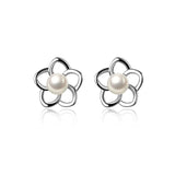 TrustDavis 925 Silver Flower Pearl Stud Earrings Wedding Party Fine Jewelry