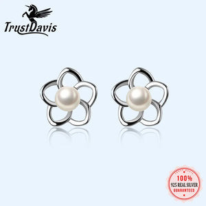 TrustDavis 925 Silver Flower Pearl Stud Earrings Wedding Party Fine Jewelry