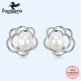 TrustDavis 925 Silver Pearl Flower Stud Earrings for Teen Girls DF309