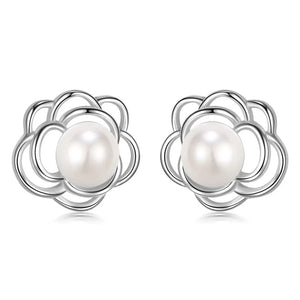 TrustDavis 925 Silver Pearl Flower Stud Earrings for Teen Girls DF309