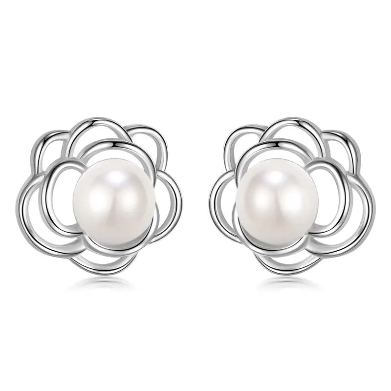 TrustDavis 925 Silver Pearl Flower Stud Earrings for Teen Girls DF309