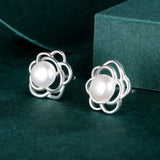 TrustDavis 925 Silver Pearl Flower Stud Earrings for Teen Girls DF309