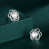 TrustDavis 925 Silver Pearl Flower Stud Earrings for Teen Girls DF309