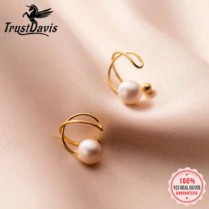 TrustDavis 925 Sterling Silver Cross Pearl Clip Earrings