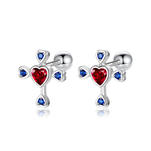 TrustDavis 925 Silver Sweet Heart Cross CZ Stud Earrings Wedding Jewelry DF222