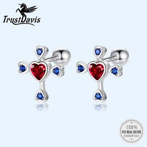 TrustDavis 925 Silver Sweet Heart Cross CZ Stud Earrings Wedding Jewelry DF222