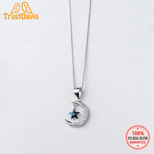 TrustDavis 925 Silver Moon CZ Star Pendant Necklace Fine Jewelry HY833