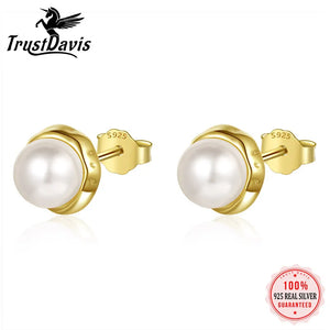 TrustDavis 925 Sterling Silver Sweet Freshwater Pearl Stud Earrings For Daughter