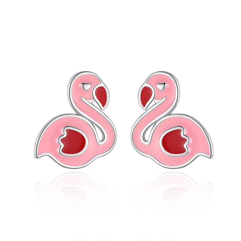 TrustDavis 925 Silver Pink Flamingo Stud Earrings For Girls