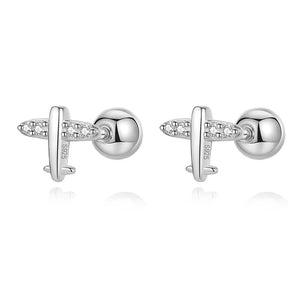 925 Silver Plane Aircraft CZ Stud Earrings Women Children Baby Jewelry