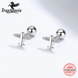 925 Silver Plane Aircraft CZ Stud Earrings Women Children Baby Jewelry