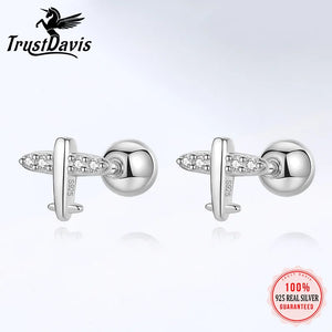 925 Silver Plane Aircraft CZ Stud Earrings Women Children Baby Jewelry